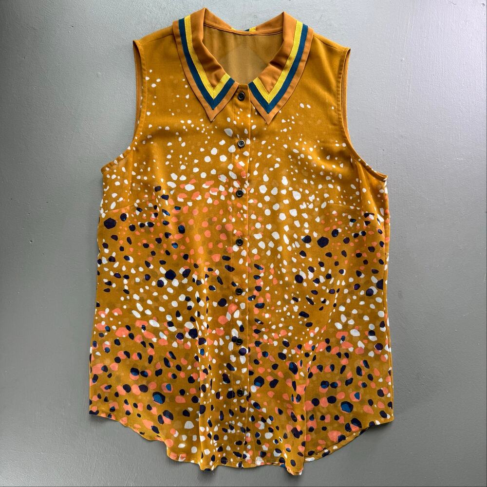 Retro Mustard Abstract Speckled Sleeveless Blouse Peter Pan Collar Mod Top